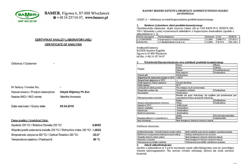 certyfikat-analizy-laboratoryjnej-olejek-mietowy-mentha-arvensis-bamer-gmp-iso-parametry-fizykochemiczne-raport-bezpieczenstwa-produktu-kosmetycznego