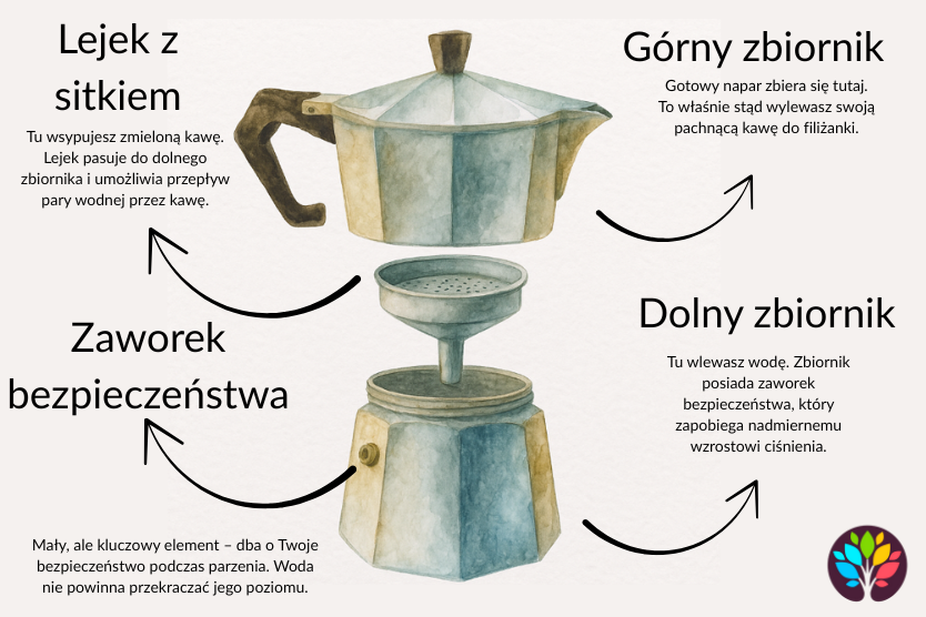 Schemat budowy kawiarki z opisem elementów