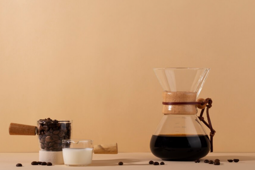 Chemex z kawą, mleko i ziarna kawy na beżowym tle