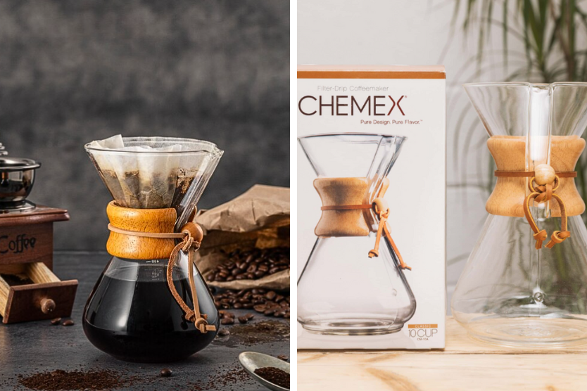 Chemex podczas parzenia kawy i nowy Chemex w pudełku