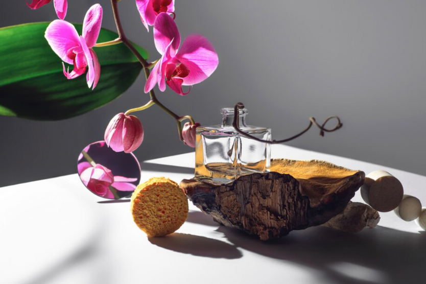 Butelka zapachu z orchideą i drewnem – estetyka natury i laboratorium