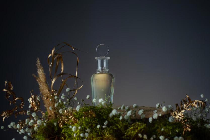 Szklana butelka zapachu wśród mchu, traw i kwiatów