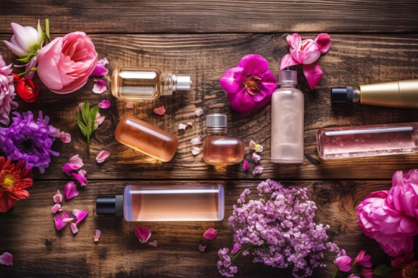 Flakony zapachów i olejków wśród świeżych kwiatów na drewnianym tle
