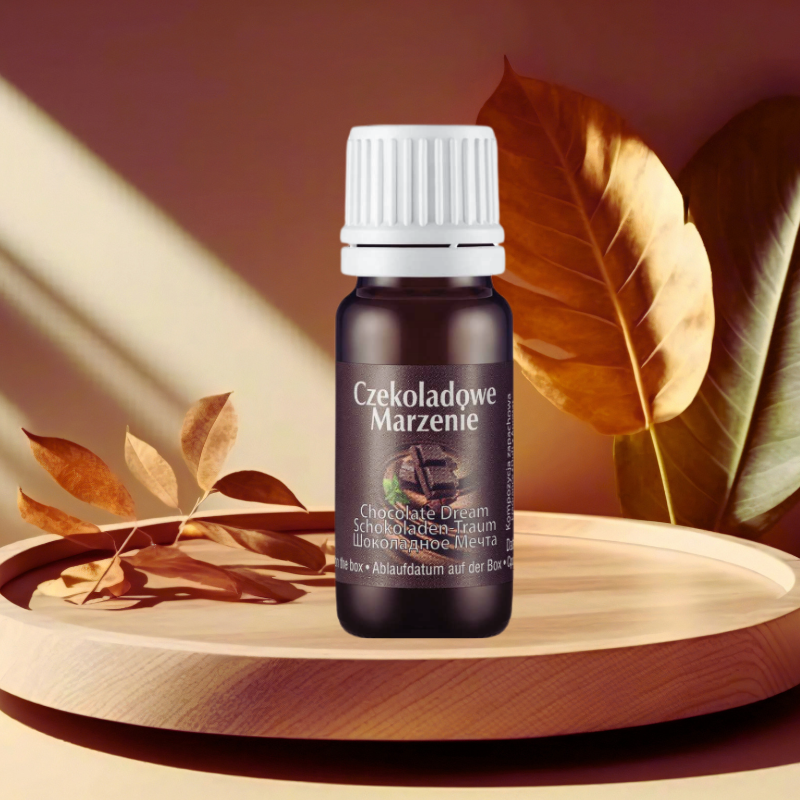 olejek zapachowy czekoladowe marzenie bamer 7ml na tle drewna i lisci do aromaterapii