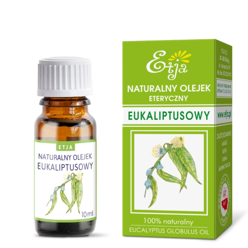 olejek eteryczny eukaliptusowy Etja 10 ml z opakowaniem do aromaterapii i kominka