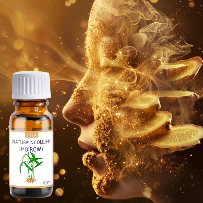 olejek eteryczny imbirowy Etja 10 ml z wizualizacją zapachu i korzeniem imbiru