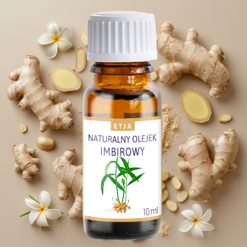 olejek eteryczny imbirowy Etja 10 ml na tle świeżego imbiru i kwiatów do masażu i aromaterapii